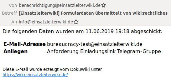 Screenshot einer Email mit den übermittelten Daten